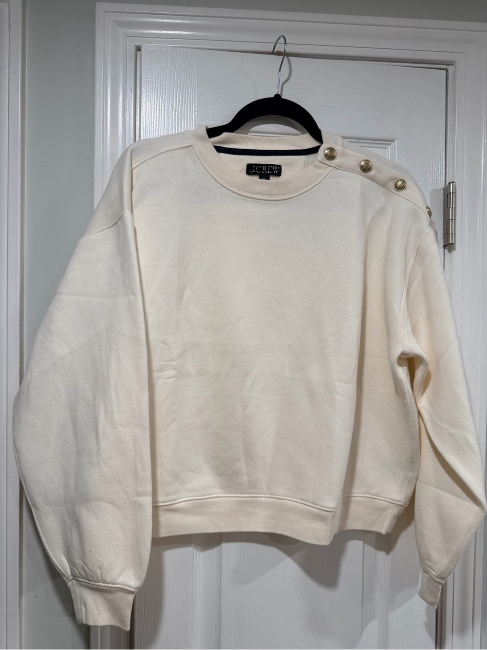 NWOT J.Crew Size M Cream Gold Button Shoulder Sweatshirt Crewneck Pullover Top